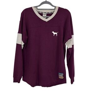 Victoria's Secret PINK Size Medium Maroon Cream V Neck Sweatshirt Long Sleeved